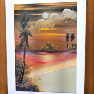 A serene fingerpaint landscape depicting an oasis with palm trees under the warm glow of a twilight sky.