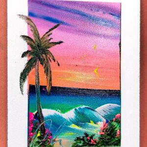 Vibrant fingerpaint artwork of a tropical sunset with a silhouetted palm tree against a crimson and pink sky, with waves lapping the shore.