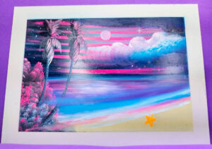 An impressionistic fingerpaint artwork of a starlit beach with vibrant twilight hues, palm trees, and a peaceful ocean under a starry sky.