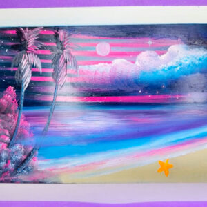 An impressionistic fingerpaint artwork of a starlit beach with vibrant twilight hues, palm trees, and a peaceful ocean under a starry sky.