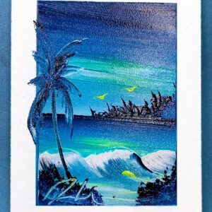 A tranquil coastal scene at dusk, depicted in fingerpaint, with a palm tree silhouette against a gradient of twilight blues.