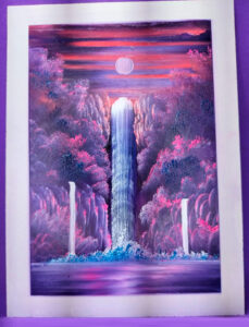 Abstract fingerpaint artwork of a cascading waterfall in shades of purple with surrounding purple lights and flowers, symbolizing tranquility and mystery.
