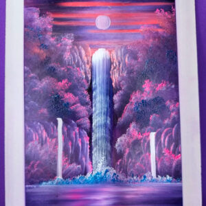 Abstract fingerpaint artwork of a cascading waterfall in shades of purple with surrounding purple lights and flowers, symbolizing tranquility and mystery.