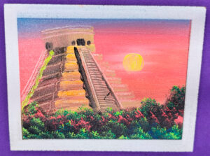 Vibrant fingerpaint depiction of the ancient Chichen Itza pyramid at sunset, with rich colors highlighting the historical landmark.