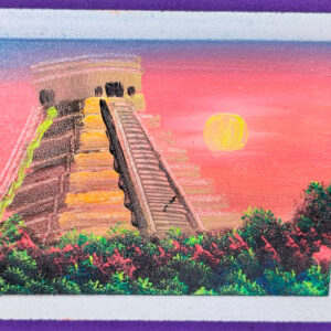 Vibrant fingerpaint depiction of the ancient Chichen Itza pyramid at sunset, with rich colors highlighting the historical landmark.